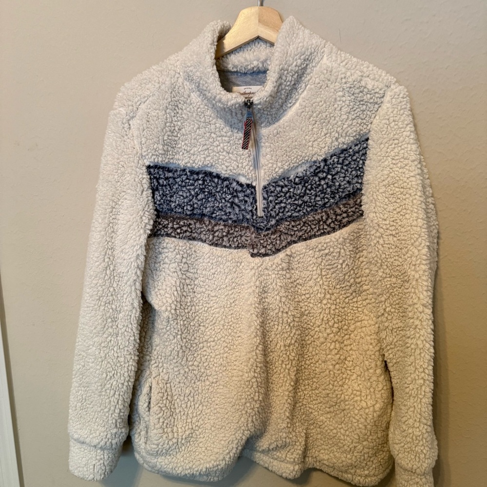 Weatherproof 1/4 Zip  Womens L Cozy Pullover Sherpa Type Cream Blue Gray Chevron